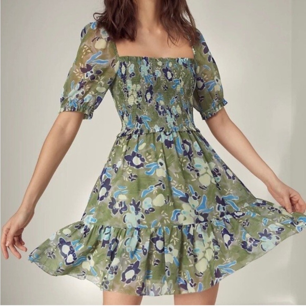 WILFRED Green Patterned Laken Puff Sleeve Mini Dress Women's Size XS